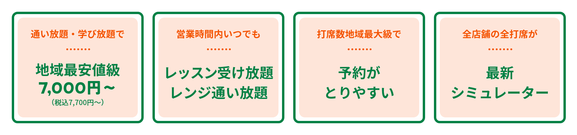 地域最安値級7,000円～（税込7,700円～）、レッスン受け放題 レンジ通い放題、予約がとりやすい、最新シミュレーター