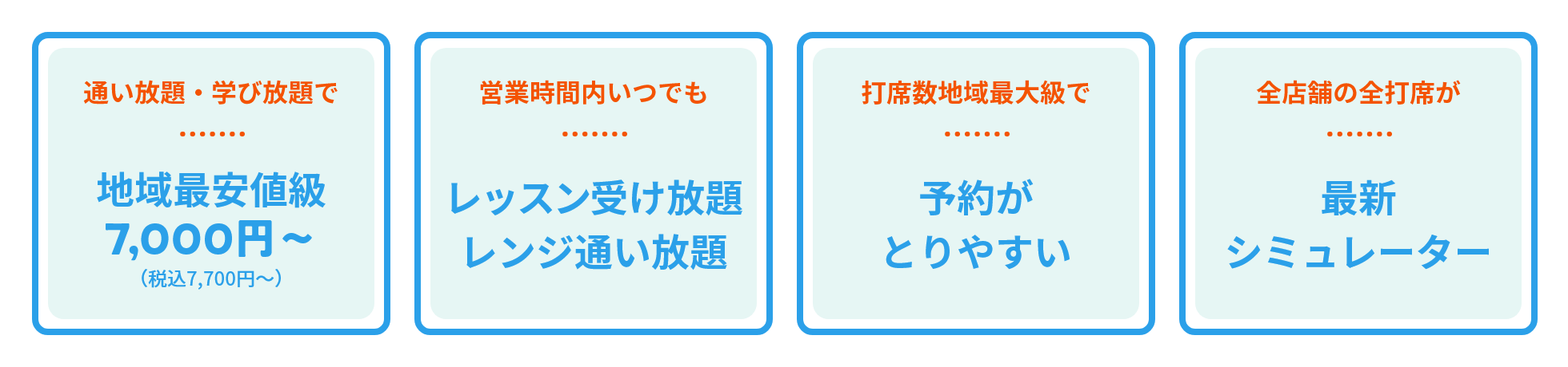 地域最安値級7,000円～（税込7,700円～）、レッスン受け放題 レンジ通い放題、予約がとりやすい、最新シミュレーター